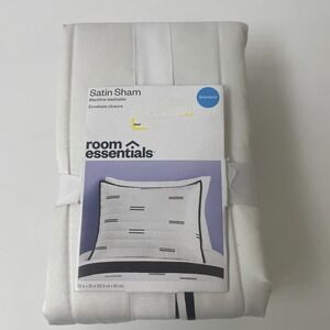Room Essentials Satin Sham Standard White New Black Dash Embroidered 20x26